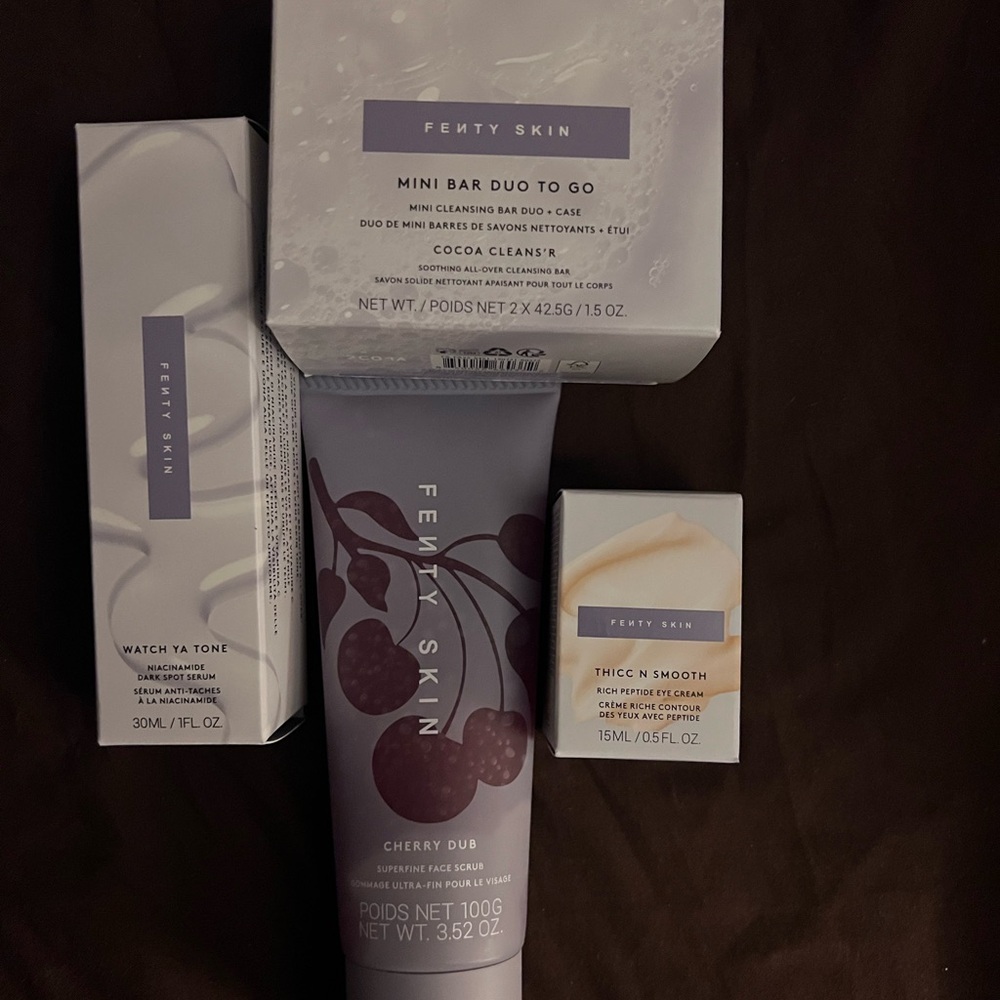 Fenty skin set of 4 items (scrub, serum, eye cream, cleansing bar)